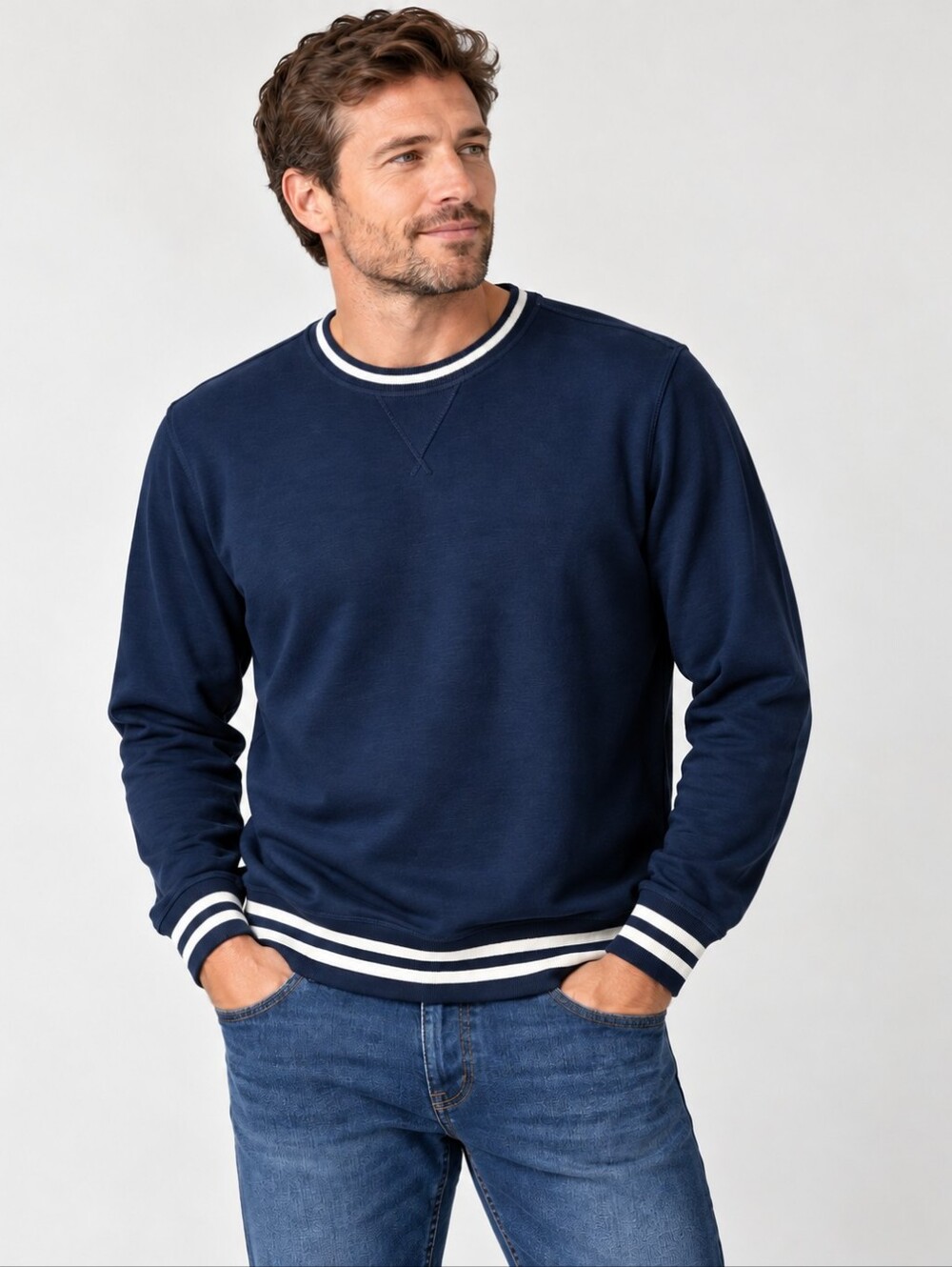 DIP Men's Navy White Striped Crewneck Sweatshirt Large Cotton Preppy Varsity NWT